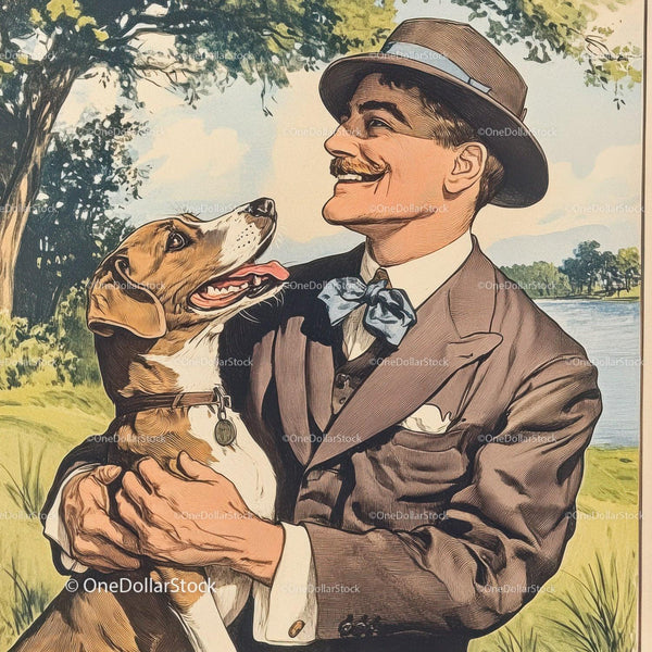 Vintage mężczyzna z psem na tle przyrody z wodą i drzewami