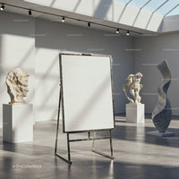 Modern art gallery with sculptures and blank easel