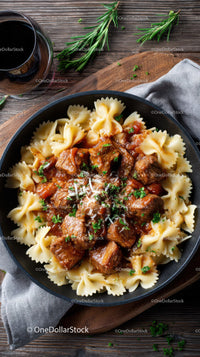 Hearty Beef and Cherry Tomato Pasta in Rustic Skillet