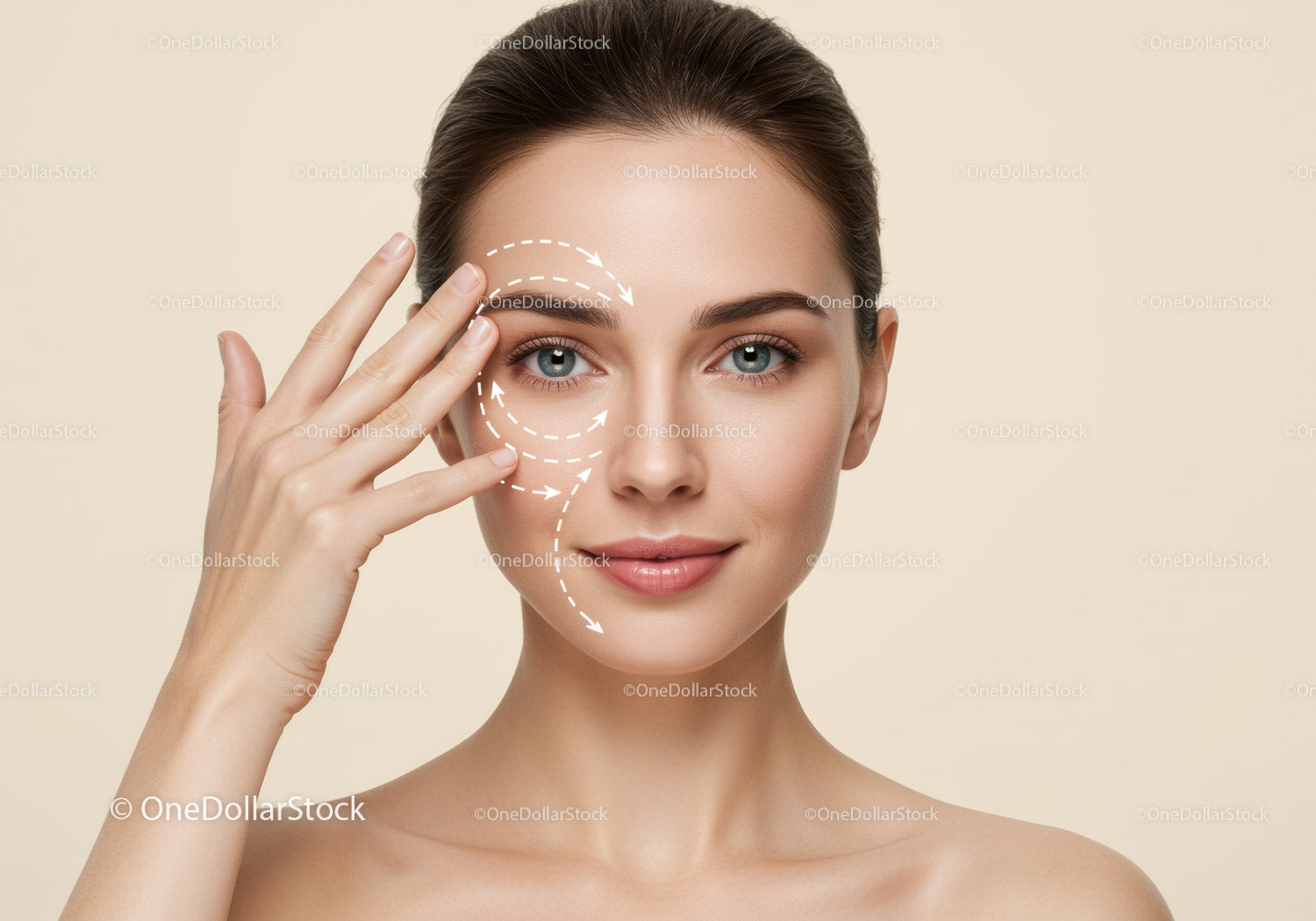 Young Woman Performing Facial Massage with Arrows Indicating Areas