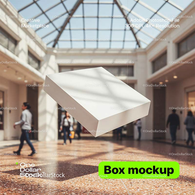 editable PSD mockup for Box levitating in a museum