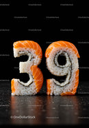 Number 39 crafted from fresh salmon sushi rolls