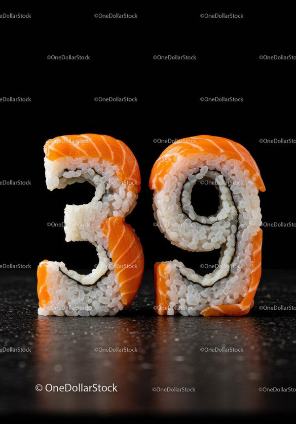 Number 39 crafted from fresh salmon sushi rolls