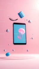 Digital Art with Jellyfish and Geometric Shapes on Pink Background