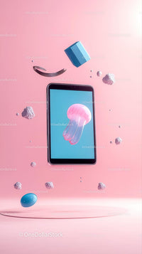 Digital Art with Jellyfish and Geometric Shapes on Pink Background