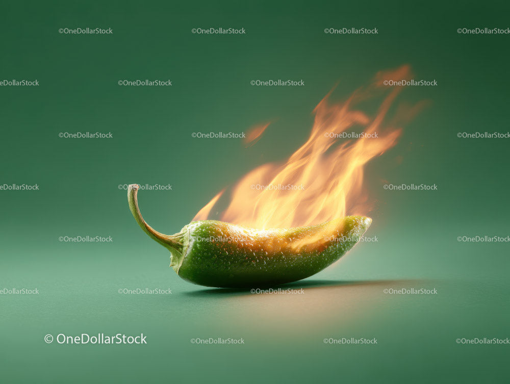 Green Chili Pepper with Fire Effect for Spicy Food or Heat Symbol