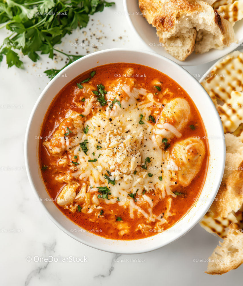 Tomato Soup with Cheese and Herbs with Side of Crusty Bread