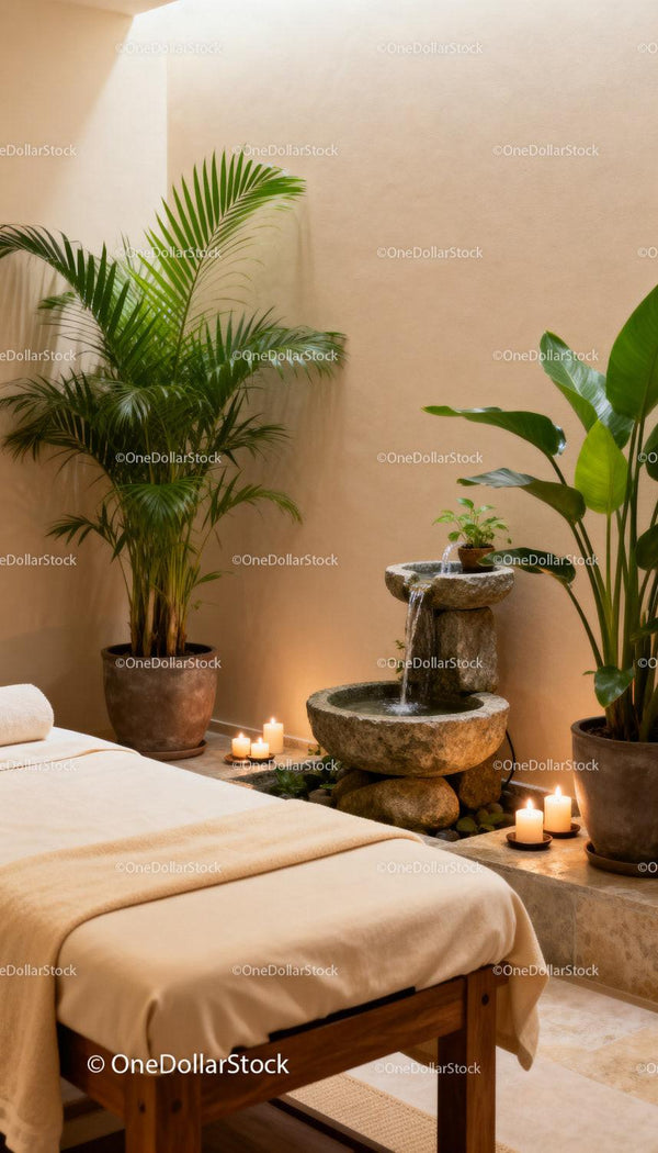 Spokojny pokój spa z kojącym naturalnym źródłem wody i roślinami