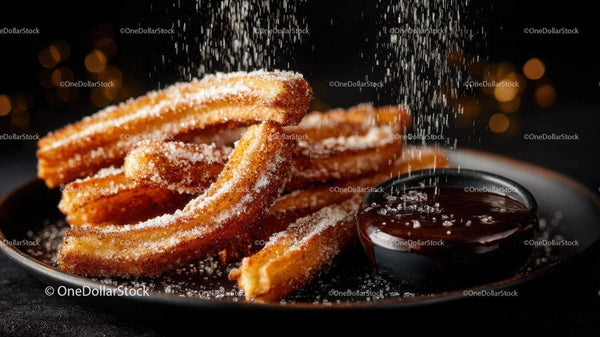 Churros z sosem czekoladowym i cukrem pudrem na ciemnym talerzu