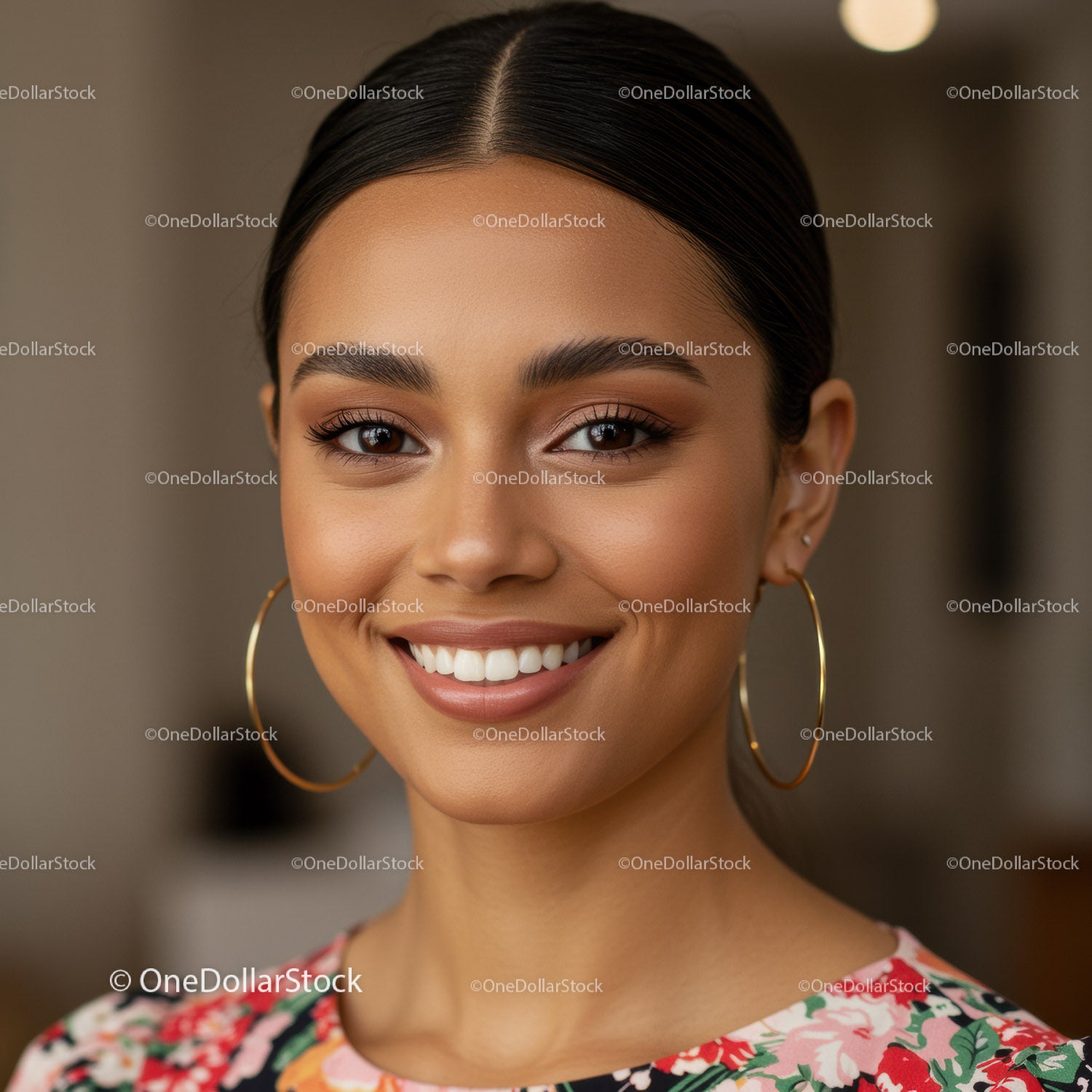 Portrait of a Smiling Woman with Elegant Earrings and Natural Makeup