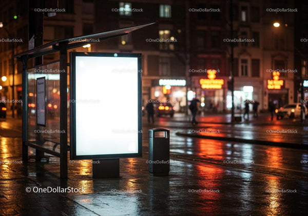 Urban Night Scene with Bus Shelter and Illuminated Advertising Panel JPG Mockup Image