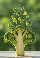 Fresh broccoli florets floating above sliced stalk