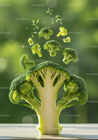 Fresh broccoli florets floating above sliced stalk