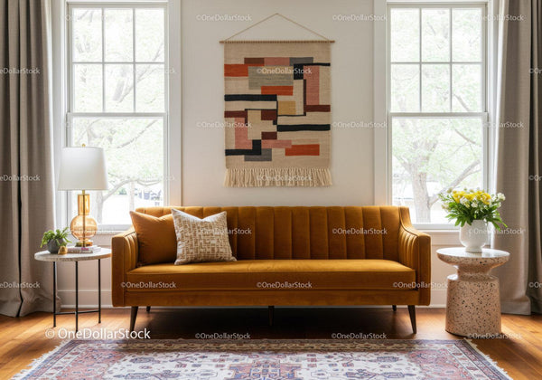 Modern cozy living room with mustard velvet sofa