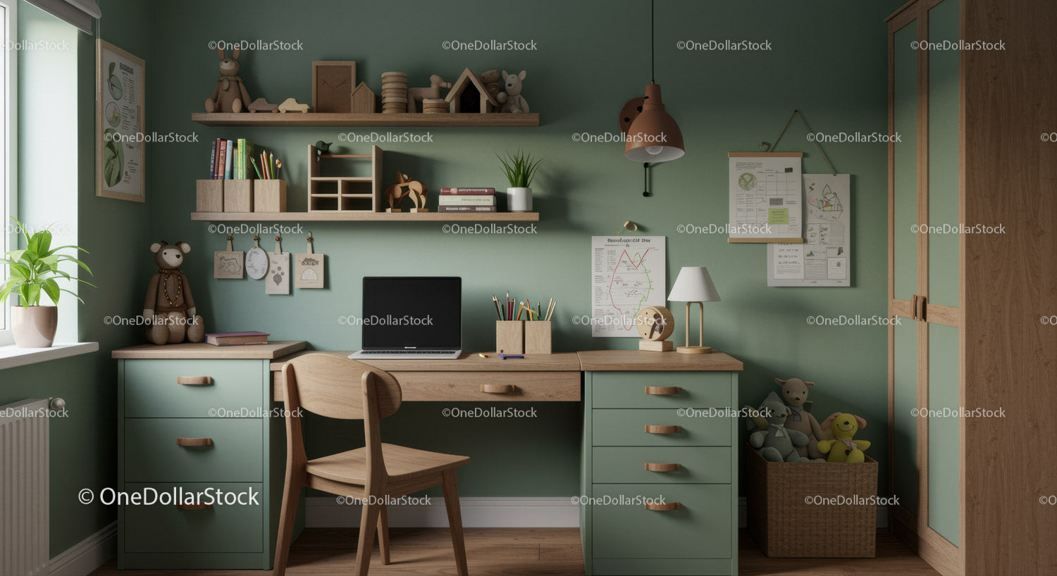 Cozy Kids Study Area with Wooden Desk and Green Wall