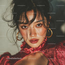 Fashionable Woman with Curly Hair and Gold Hoop Earrings