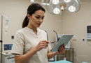 Female Nurse Using Tablet in Modern Hospital Room