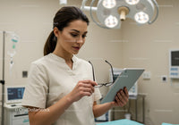 Female Nurse Using Tablet in Modern Hospital Room