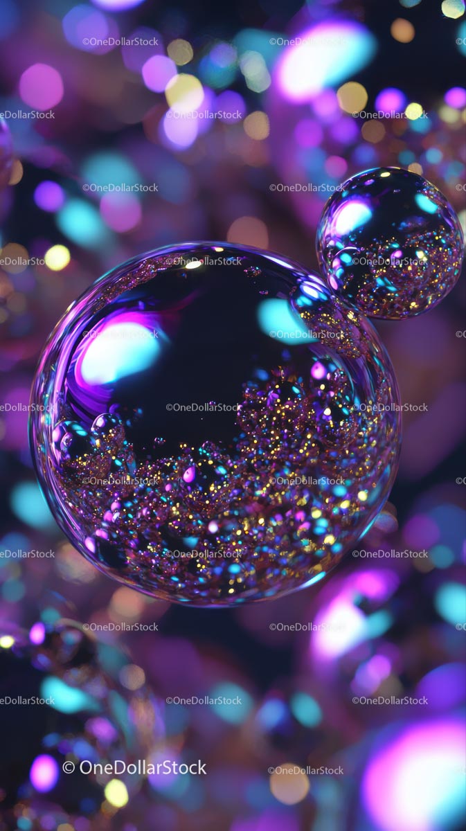 Vibrant Iridescent Bubbles and Glitter in a Colorful Light Scene