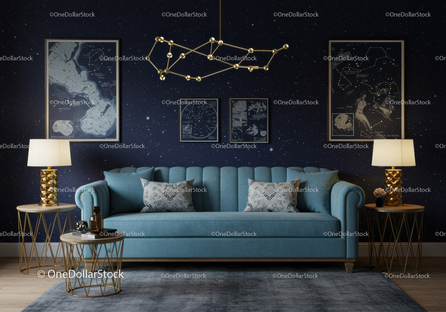 Cozy blue sofa in stylish celestial themed living room