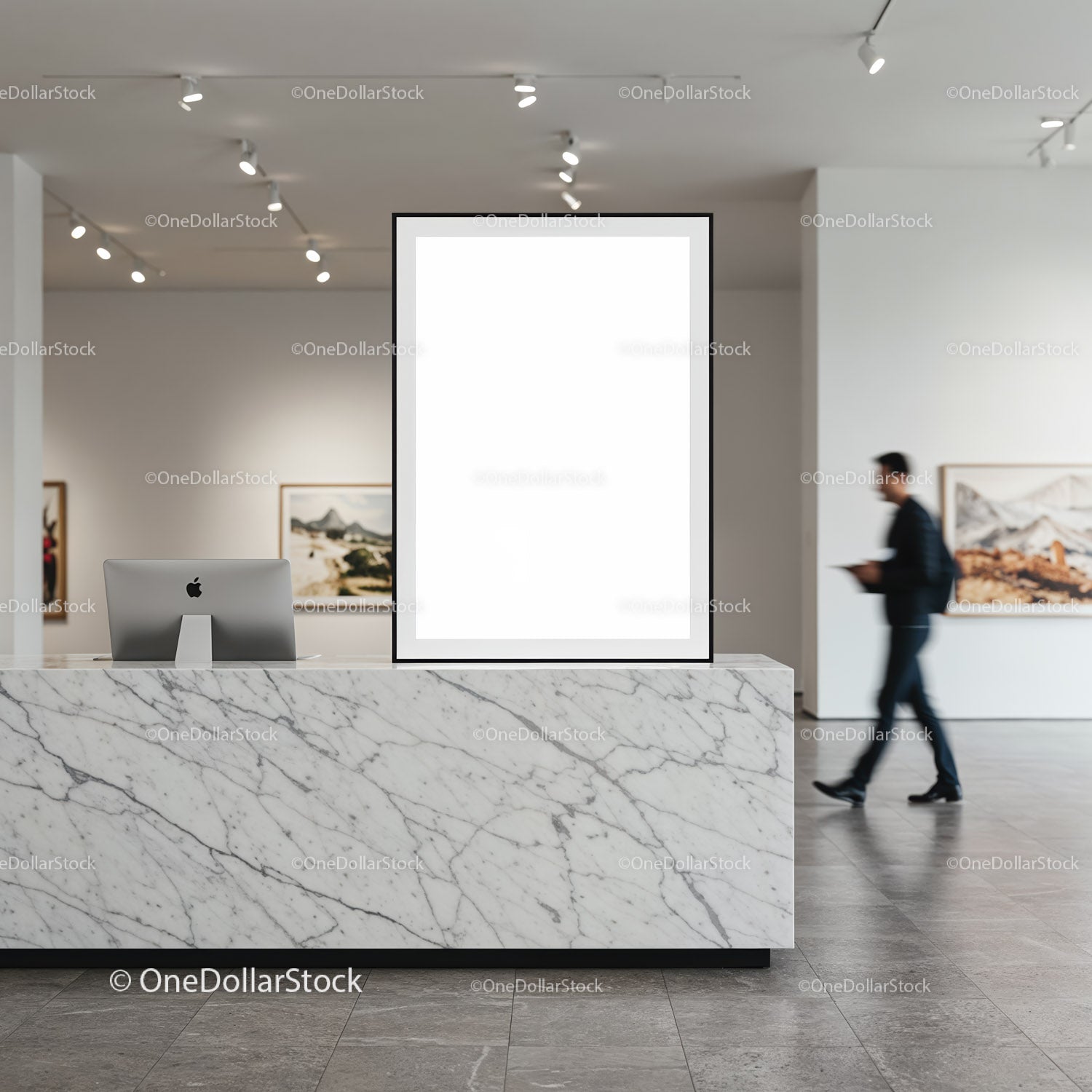 Modern gallery reception with marble desk and digital display