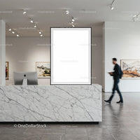 Modern gallery reception with marble desk and digital display