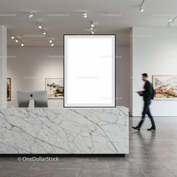 Modern gallery reception with marble desk and digital display JPG Mockup Image