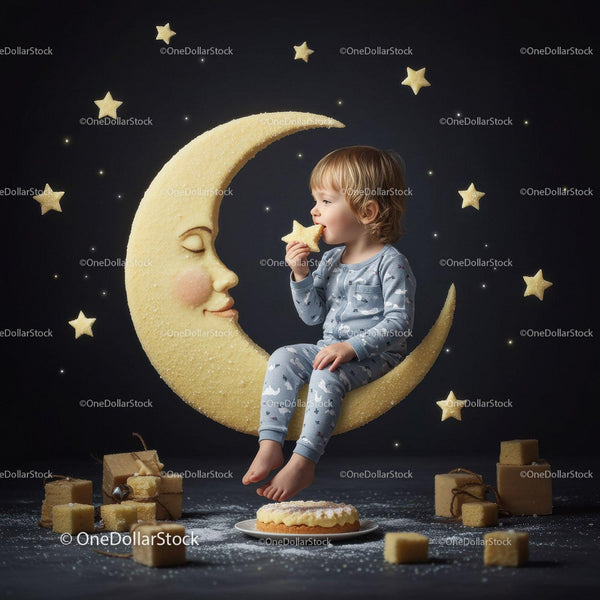 Toddler enjoying star shaped cookie on crescent moon