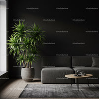 Modern Living Room with Indoor Plant and Gray Sofa on Black Wall