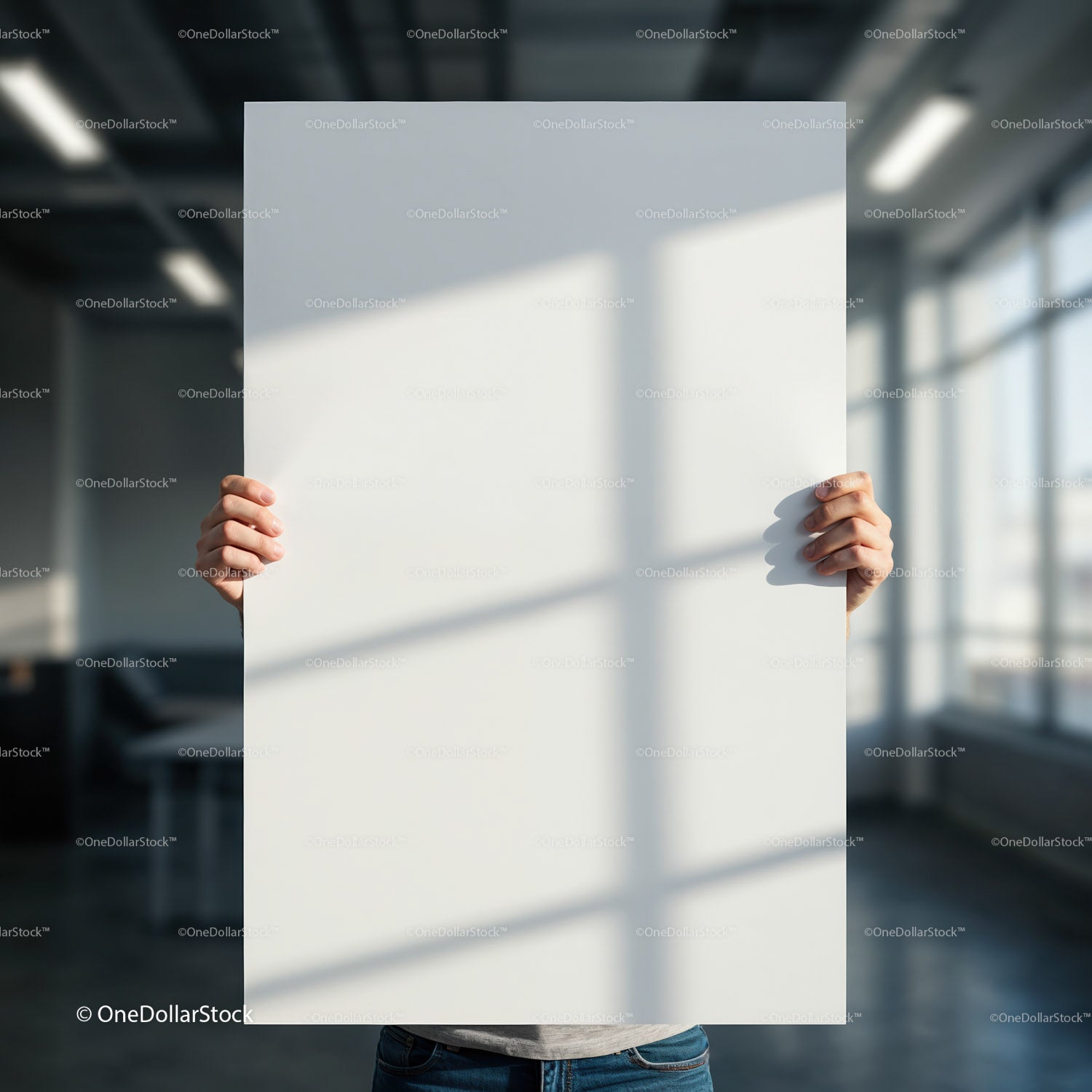Person Holding Blank White Poster in Modern Office Space