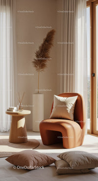 Cozy modern chair with soft pillows by sunlit window