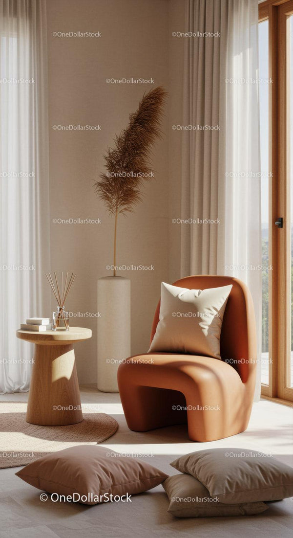 Cozy modern chair with soft pillows by sunlit window