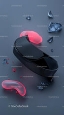 Futuristic Wireless Earbuds with Pink Glowing Accents and Ice Fragments