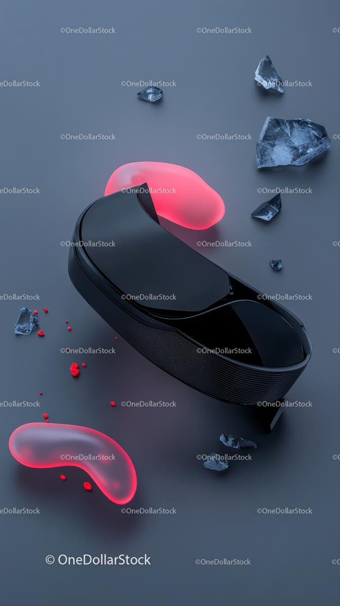 Futuristic Wireless Earbuds with Pink Glowing Accents and Ice Fragments