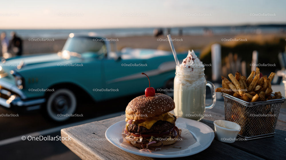 Vintage Convertible Car with Beachside Food Scene During Sunset