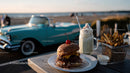 Vintage Convertible Car with Beachside Food Scene During Sunset