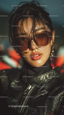 Confident Female Rider in Sunglasses with Motorcycle Gear