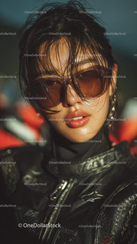 Confident Female Rider in Sunglasses with Motorcycle Gear