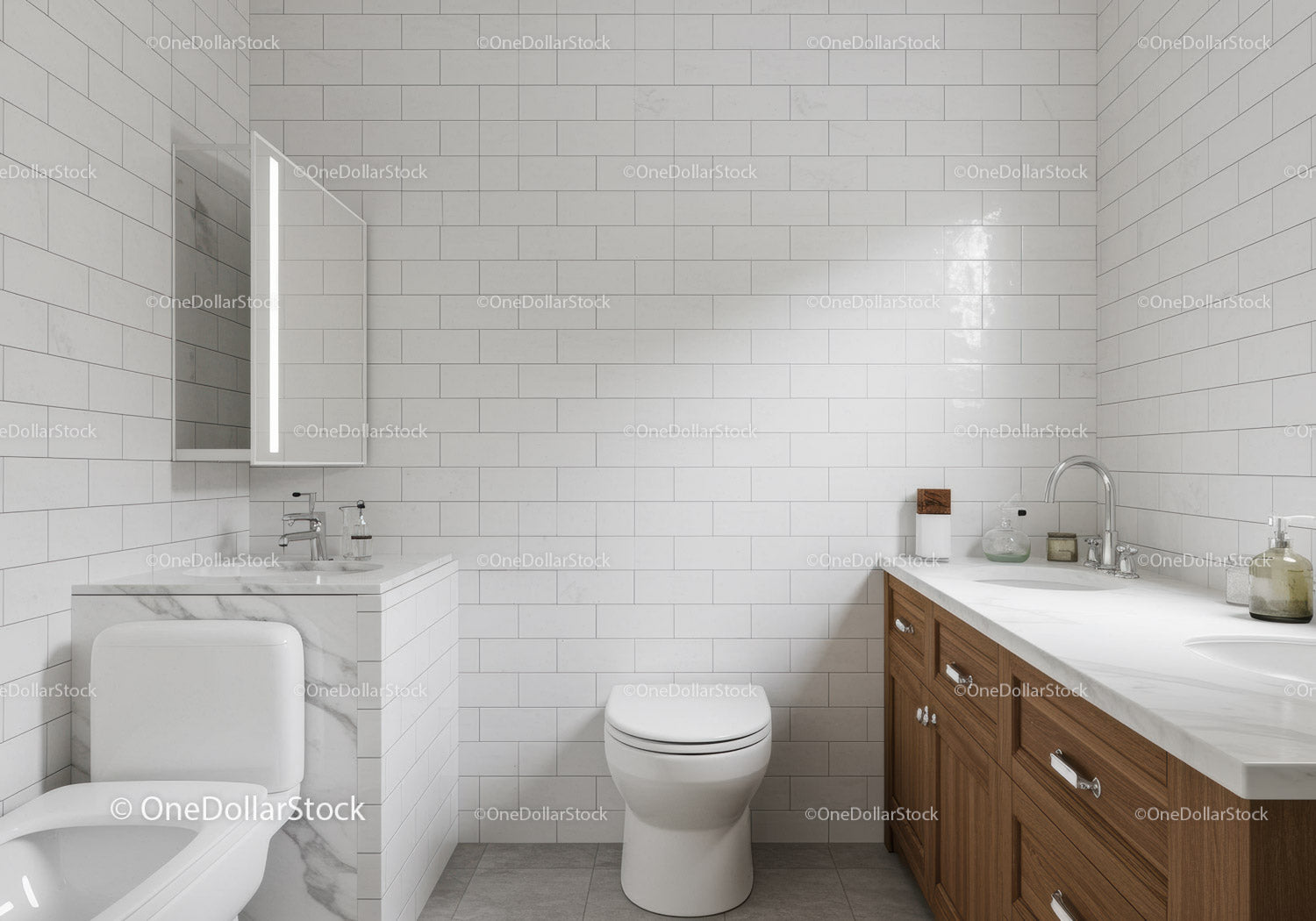 Modern minimalist bathroom with white tiled walls and wooden vanity