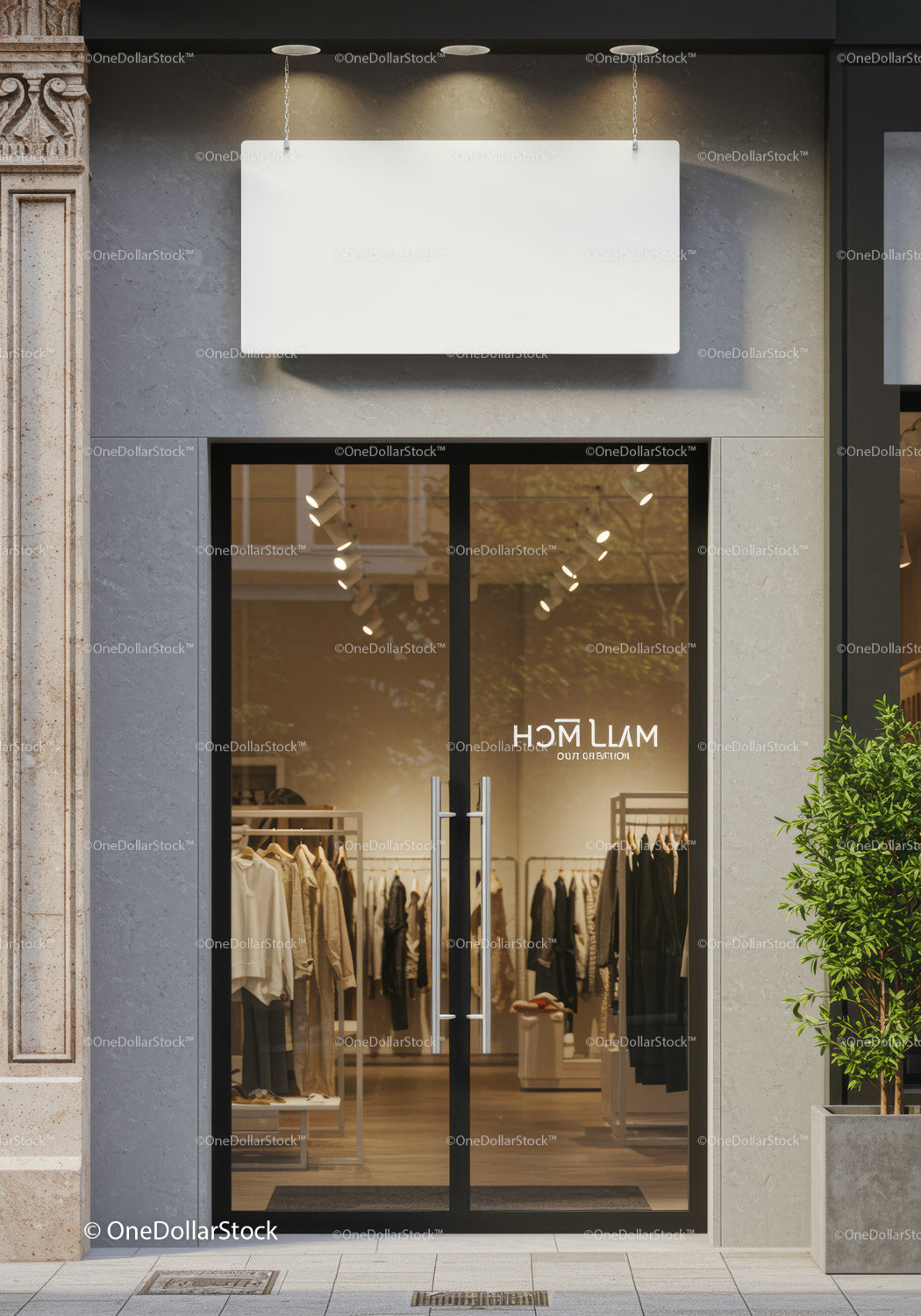 Modern boutique entrance with glass doors and neutral tones