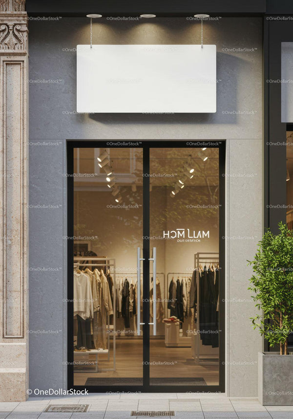 Modern boutique entrance with glass doors and neutral tones JPG Mockup Image