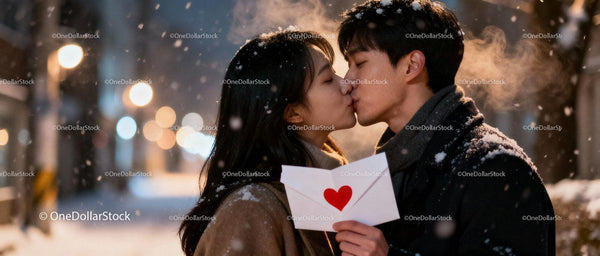 Couple sharing a romantic kiss in snowy winter night