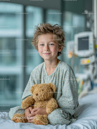 Young Boy Comforting Teddy Bear in Hospital Room with Medical Equipment