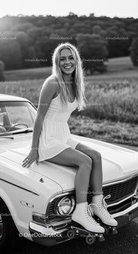 Smiling woman with roller skates sitting on vintage car hood