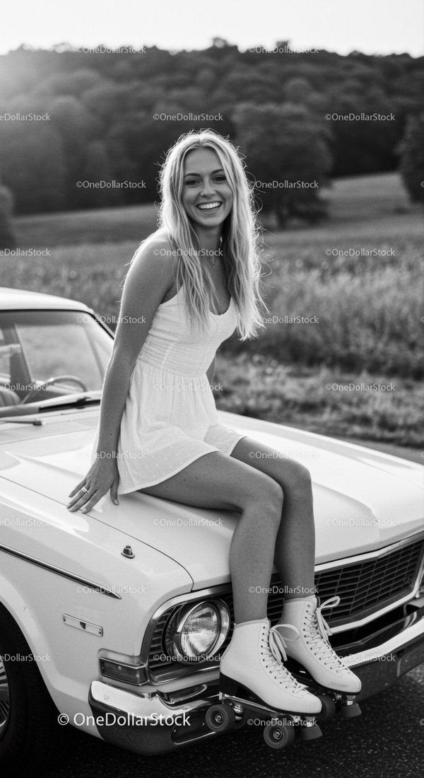 Smiling woman with roller skates sitting on vintage car hood