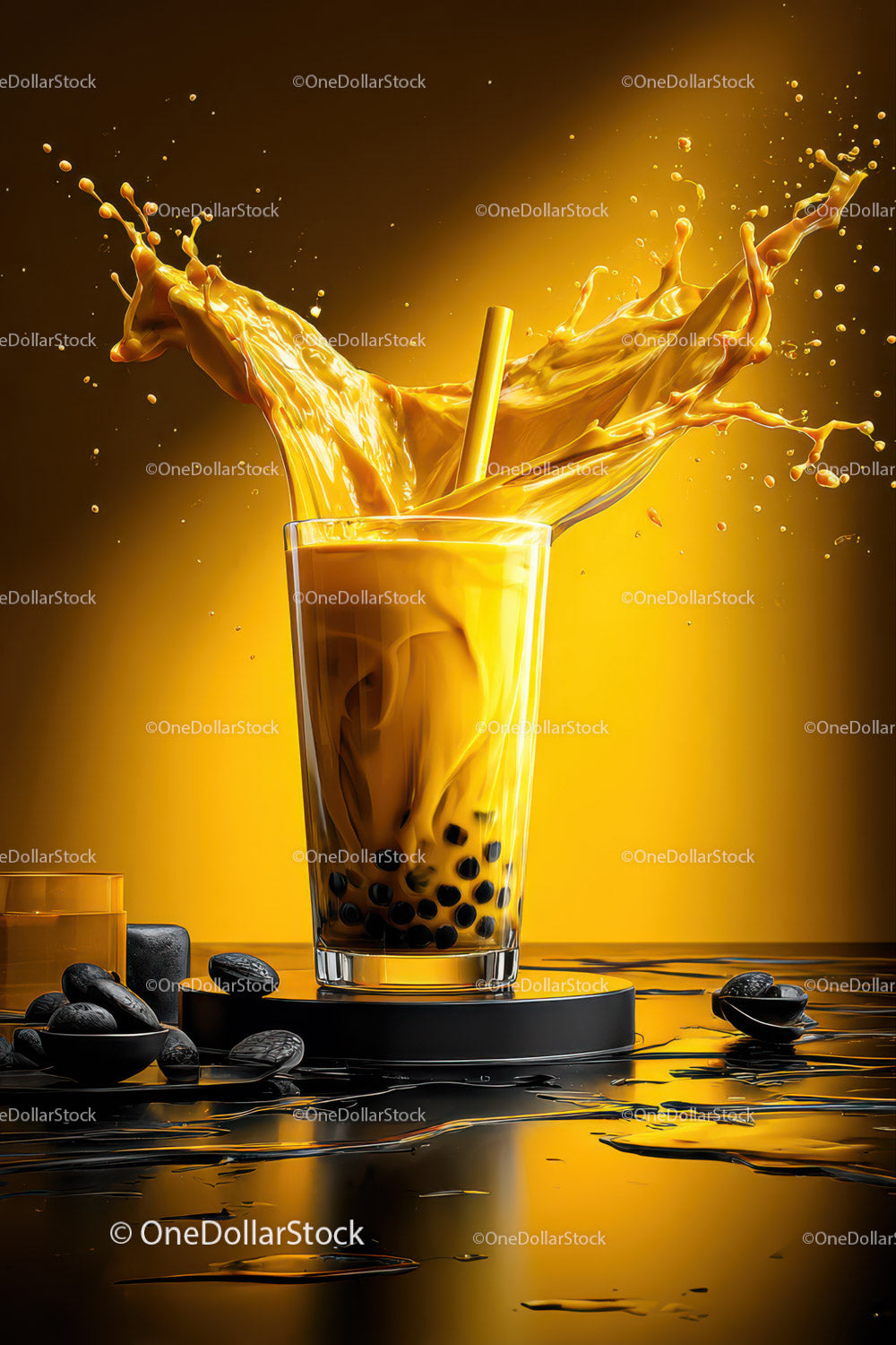 Vibrant Orange Juice Splash with Tapioca Pearls in Stylish Glass