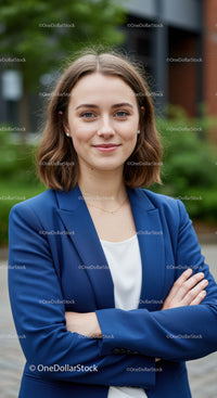 Confident Young Woman in Blue Blazer Standing Outdoors