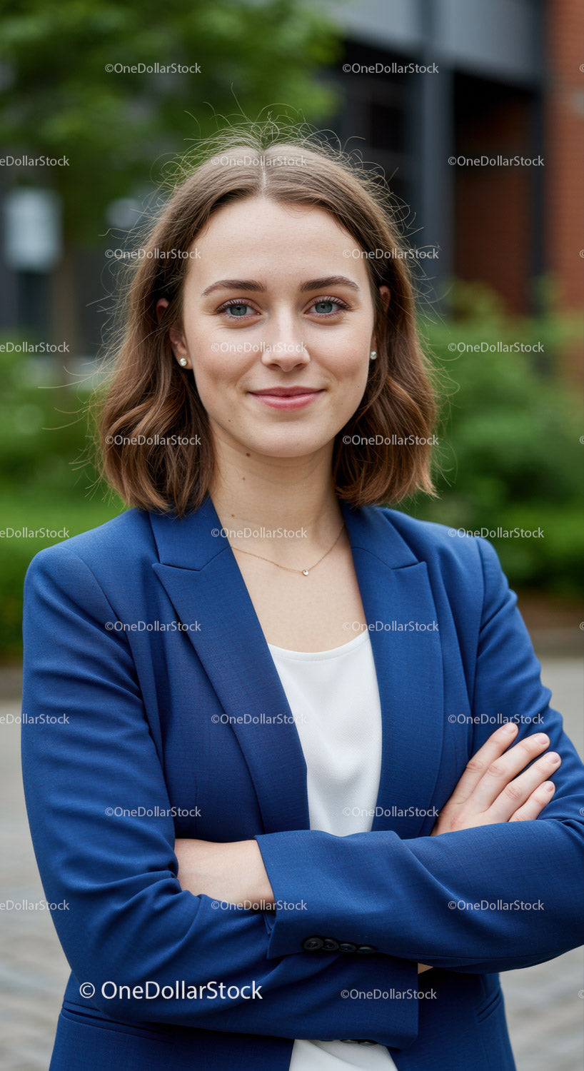 Confident Young Woman in Blue Blazer Standing Outdoors