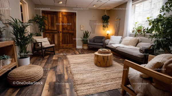 Przytulny boho salon z roślinami doniczkowymi i drewnianymi akcentami