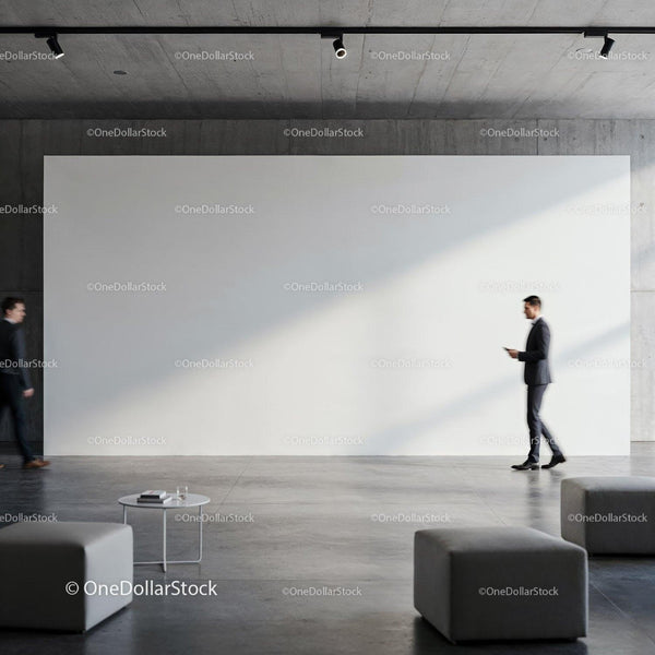 Modern office lobby with large blank white wall and businessmen JPG Mockup Image